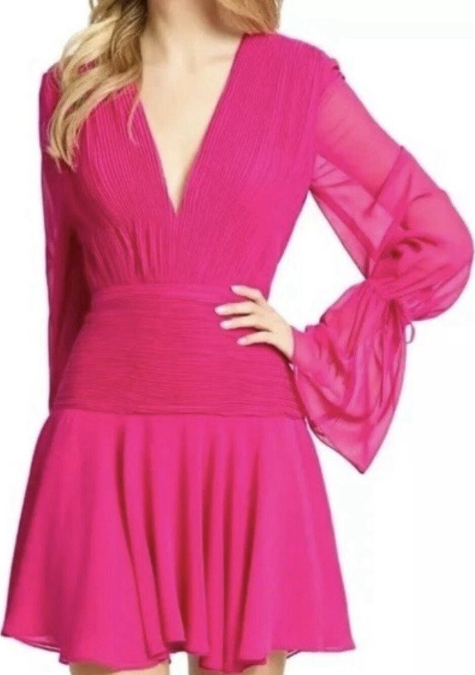 Ieena for Mac Duggal Pink Chiffon Pleated V-Neck Bell Sleeve Mini Dress 10